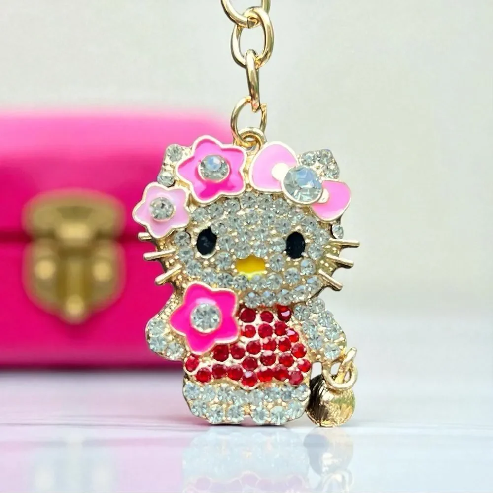 Cute Red And Clear Crystal Flower Hello Kitty Keychain